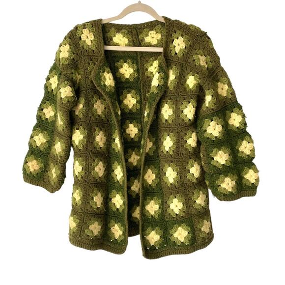 Vintage Sweaters - Handmade Granny Square Crochet Open Cardigan Sweater Green Handmade